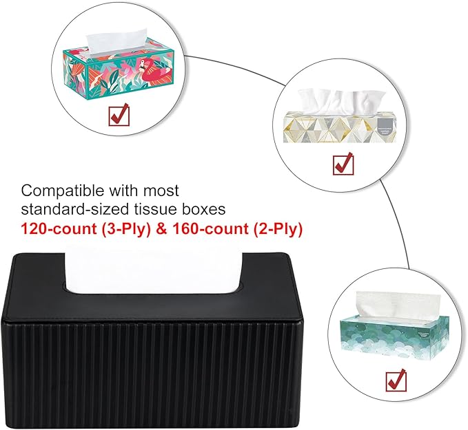 KINGFOM PU Leather Tissue Box Cover Rectangular Tissue Box Holder with Magnetic Bottom, Napkin & Facial Tissue Holder Dispenser for Home, Office (Decorative Pattern-PU Leather, Black Stripe)