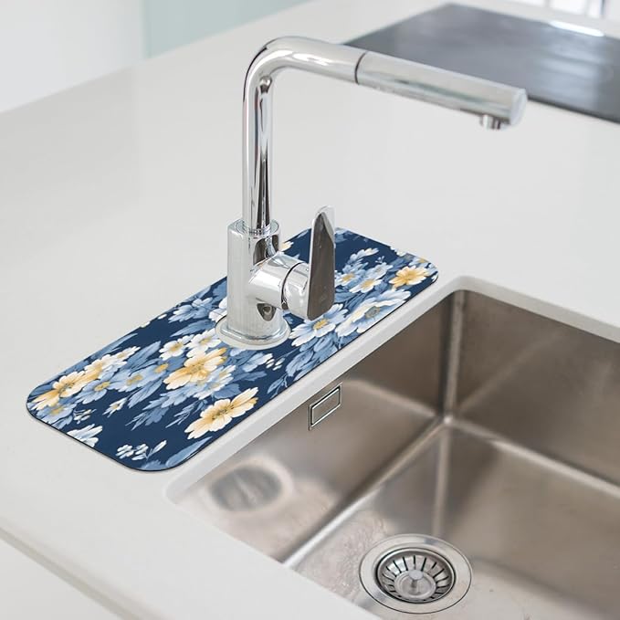 Deep Blue Floral Kitchen Faucet Mat Splash Guard, 15.4”x5.7” Absorbent Quick Drying Sink Mat for Countertop Protection, Draining Mat Sink Protectors For Kitchen Bathroom, 1 Pack