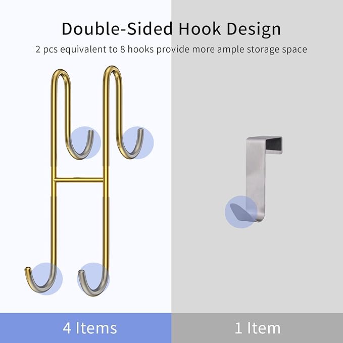 Over Shower Glass Door Hook, 2 Pack Gold Stainless Steel Extended Shower Door Hooks, Bathroom Frameless Drilling-Free Hanger, Double Side Towel Hooks