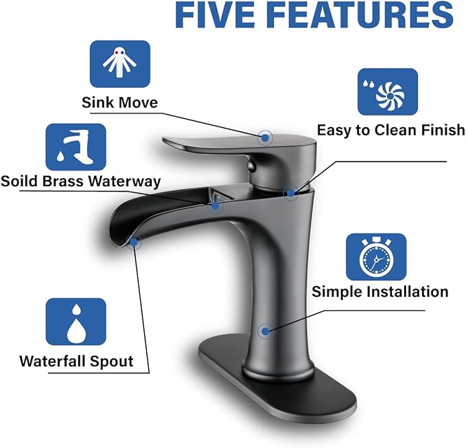 Waterfall Bathroom Faucet Black YUNDOOM Matte Black with Pop Up Drain Single Handle One Hole or Three Holes Vanity Farmhouse RV Vessel Basin Faucet Deck Mount