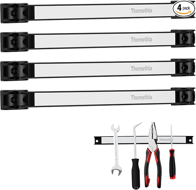 12" Magnetic Tool Holder Strip, 4 Pieces Silver Metal Tool Organizer Rack with Stainless Steel Surface, Magnet Bar for Garage Workshop, Easy To Install with Mounting Screws