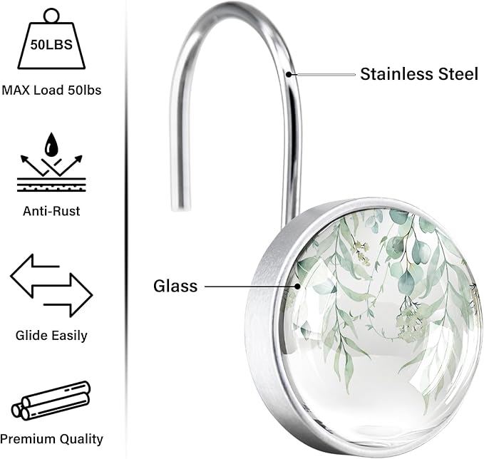 12 Pcs Sage Green Eucalyptus Shower Curtain Hooks – Rustproof Stainless Steel Rings with Decorative Glass Surface – Modern Bathroom Curtain Accessories