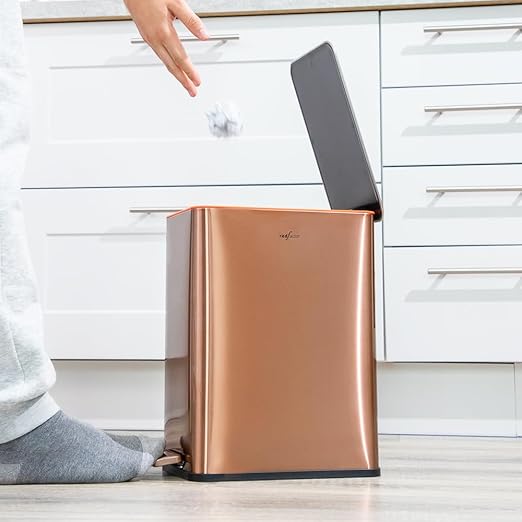 RED FACTOR Slim 2.6 Gallon Stainless Steel Pedal Trash Can with Soft Close Lid for Narrow Spaces – Wastebasket Bin with Removable Inner Bucket for Bathroom, Kitchen, Bedroom or Office (Copper)