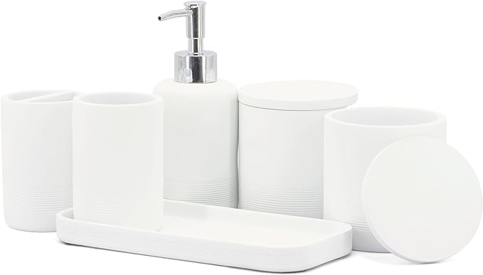 ZCCZ White Bathroom Accessories Set 6 Pieces - Toothbrush Holder, Lotion Dispenser, Qtip Container, Vanity Tray, Tumbler - Countertop Organizer for Bathrooms - Elegant and Functional Décor Set