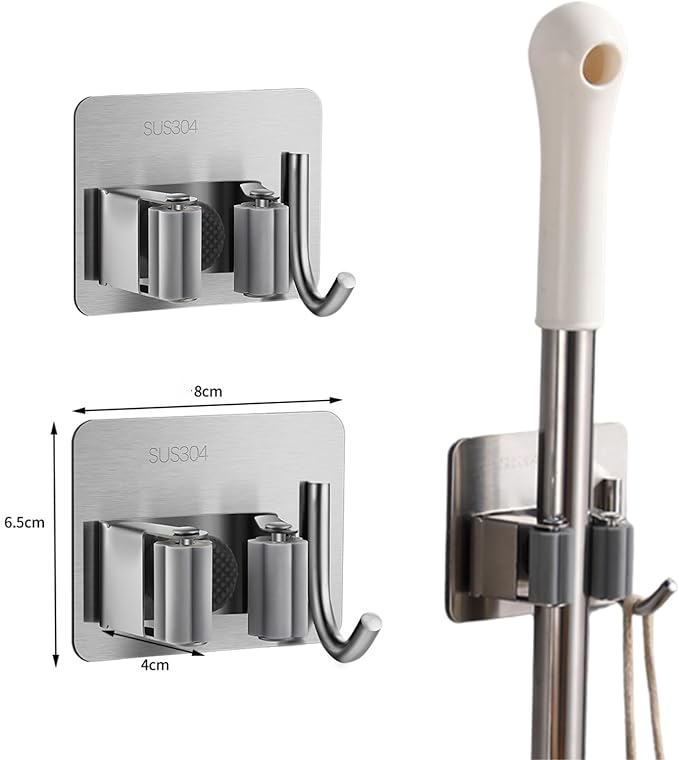 Mop and Broom Holder Wall Mount,Broom Holder Wall Mount,4 Pack Stainless Steel Broom Holders,with Strong Grip, Nail-Free Glue Installation,for Bathroom, Laundry,Office
