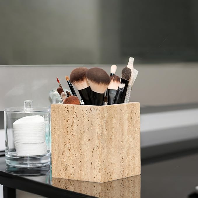 Natural Marble Toothbrush Holder for Bathroom Countertop (8.5x8.5x10cm) - Multifunctional Organizer for Makeup Brushes, Vanity Accessories & Utensils Sink (1, Travertine)