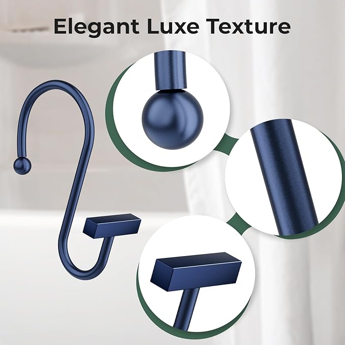 Navy Blue Shower Curtain Hooks, Bathway Shower Curtain Rings Rust Proof, 12PCS Shower Hooks for Shower Curtain, T-Bar Design Convenient Elegant Shower Curtain Hangers for Bathroom Kitchen Wardrobe