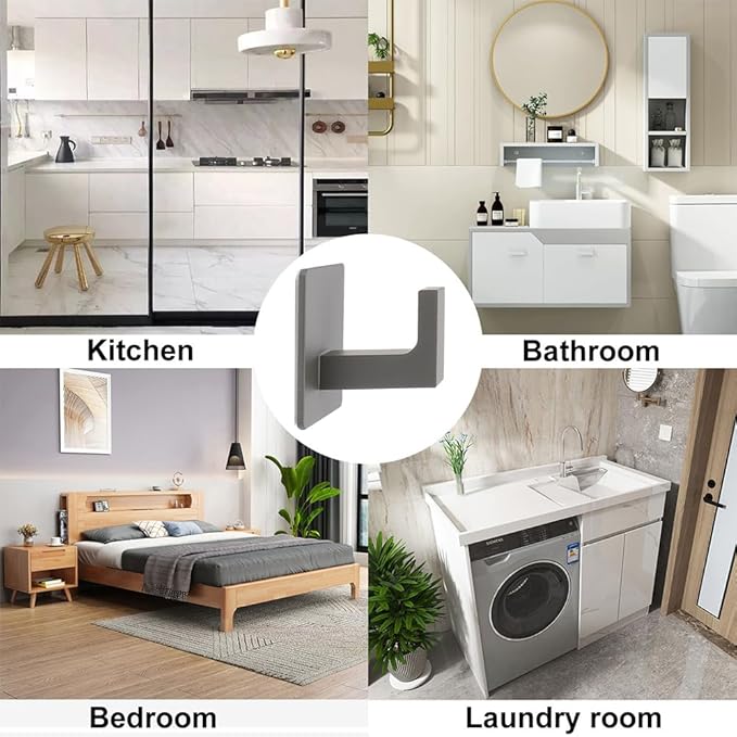 Bath Towel Hooks, 6 Pack Self Adhesive Square Coat Hooks, Sturdy No Drilling Robe Hook, Heavy Duty Aluminum Clothes Hanger, Wall Hooks for Bathroom Bedroom Kitchen (2 in, Grey)