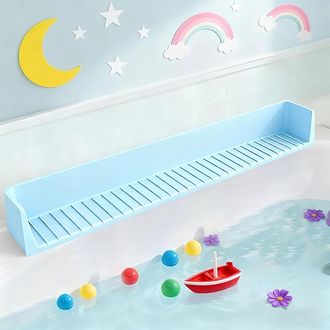 Bathtub Splash Guard for Tub Kids, Longer Silicone Water Splash Guard for Bathtub, Toy Holder Play Shelf for Bathtime，Silicone Tub Splash Guard Prevent Water Spills in Bathroom (Blue)