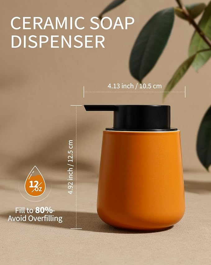 BosilunLife Bathroom Accessories Set 3 pcs - Bathroom Ceramic Foaming Soap Dispenser Set Farmhouse Bathroom Decor, Foam Soap Dispenser and Toothbrush Holder with Tray, Orange