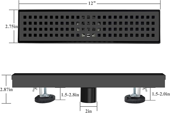 12 Inch Black Rectangular Shower Drain with Removable Quadrato Pattern Cover Grate Accessories and SUS304 Stainless Steel CUPC Certificate (12 inch)