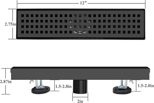 12 Inch Black Rectangular Shower Drain with Removable Quadrato Pattern Cover Grate Accessories and SUS304 Stainless Steel CUPC Certificate (12 inch)