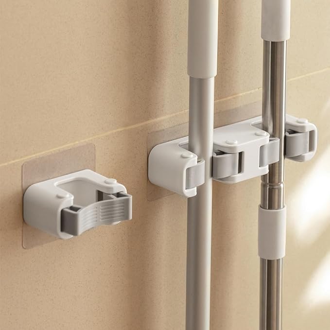 Broom Holder Wall Mount Mop and Command Broom Hanger Organizer Wall Mount Self Adhesive (2 Double clip)