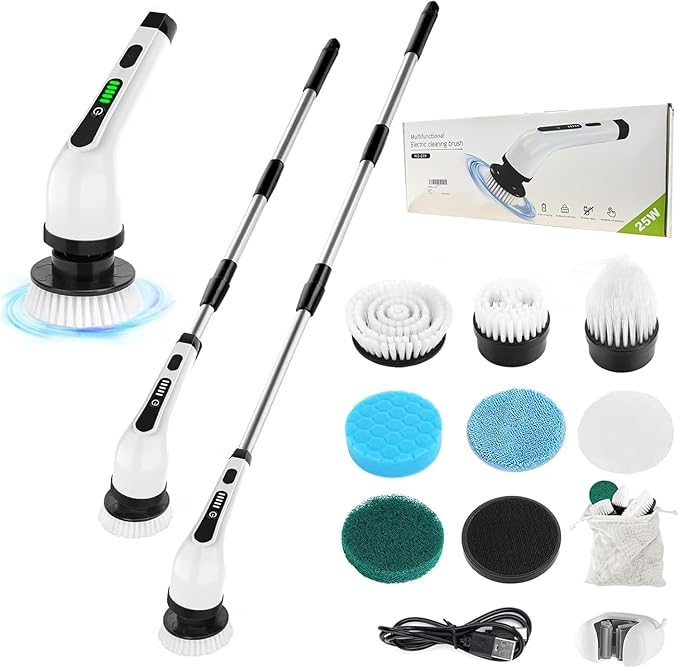 Household Cleaning Brushes, Electric Scrubber for Cleaning, 10-in-1 Electric Spin Scrubber, Cleaning Brush with 9pcs Replaceable Brush Heads, Adjustable Handle, Spin Scrubber for Bathroom (White)