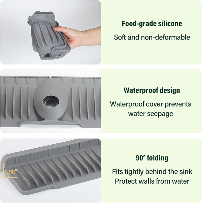 Silicone Faucet Splash Guard Mat for Kitchen Sink - Fast-Drain, Non-Slip Countertop Protector, Water Catcher Tray Behind Faucet, Easy Clean Silicone Drip Mat, 24"x 5.51"