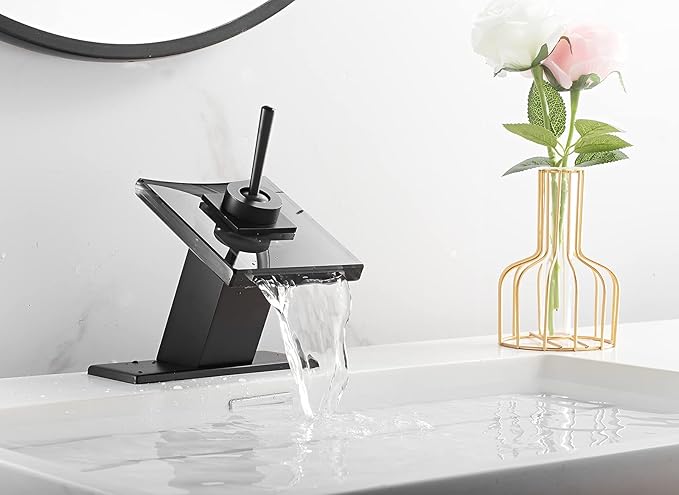 Black Bathroom Sink Faucet Glass Spout Waterfall Single Handle 1or 3 Hole Bath Sink Lavatory Faucet Vanity Basin Mixer Tap with Cover Plate Deck Mount Commercial