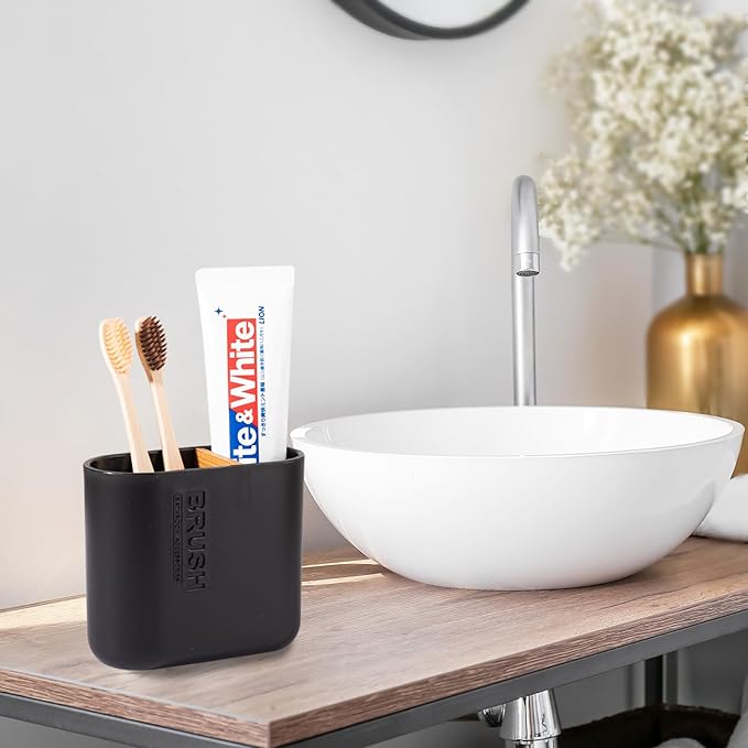 Toothbrush Holders Bamboo Electric Toothbrush Holder Bathroom Storage Organizer Countertop for Toothpaste, Floss, Razor, Black