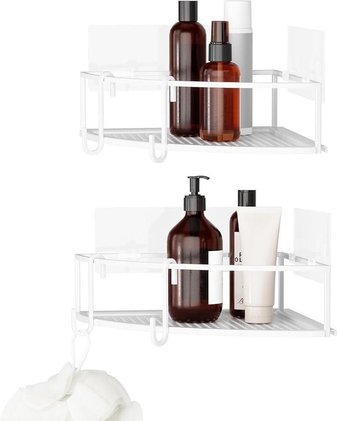 Umbra Cubiko Shower Corner Shelf, Metal Floating Shelves with Adhesive Mounting Strips, 2-Pack, White