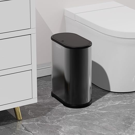 1.8 Gallons Small Stainless Steel Trash Can with Press Type Lid, Slim Bathroom Garbage Bin, Removable Liner Bucket, Narrow Wastebasket with Pop-Up Lid for Bedroom,Toilet (Titanium Black)