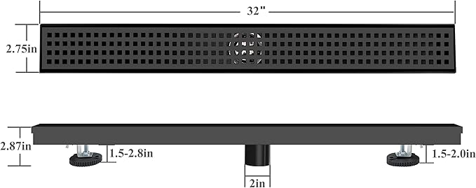 32 Inch Black Rectangular Shower Drain with Removable Squre Hole Pattern Cover Grate Accessories and SUS304 Stainless Steel CUPC Certificate (32inch)