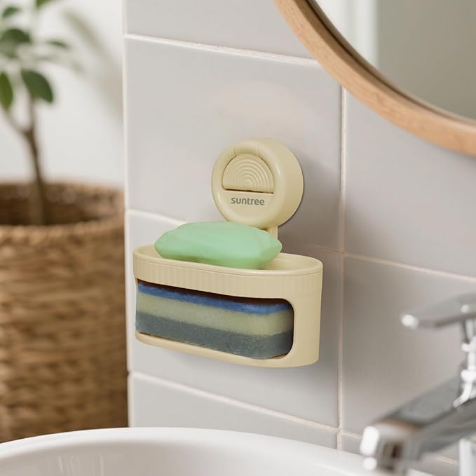 Suntree Soap Dish for Shower, Milky White Suction Cup Soap Holder with Self-Draining Design and Sponge Tray, No Drilling Bathroom & Kitchen Storage