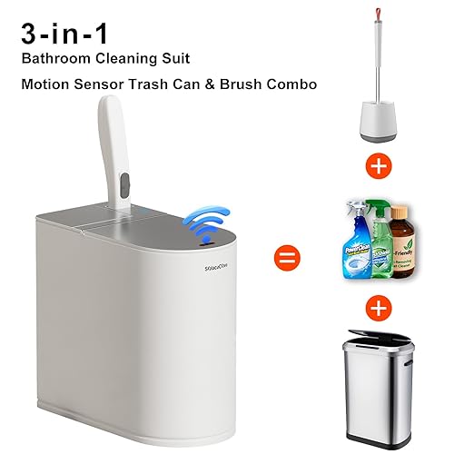 Small Automatic Trash Can with Lid and Disposable Toilet Brush Holder Set, Motion Sensor Trash Can 1.8 Gallon, Small Bathroom Garbage Can, Odor Filter, Touchless Stainless Steel Silver
