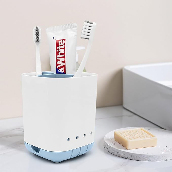Toothbrush Holder for Bathroom,Plastic Detachable for Easy Cleaning Multi-Functional Storage,3 Slots Anti-Slip Electric Toothbrush and Toothpaste Organizer Caddy for Bathroom Vanity,Countertop (Blue)