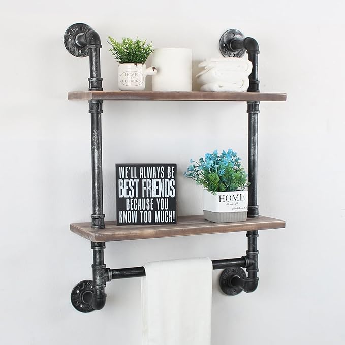 MBQQ Shelving Bathroom Pipe Shelves with Towel Bar Over Toilet, 24 inch Pine Wood Floating Shelves for Wall Mounted Bedroom,Kitchen, Farmhouse, Living Room