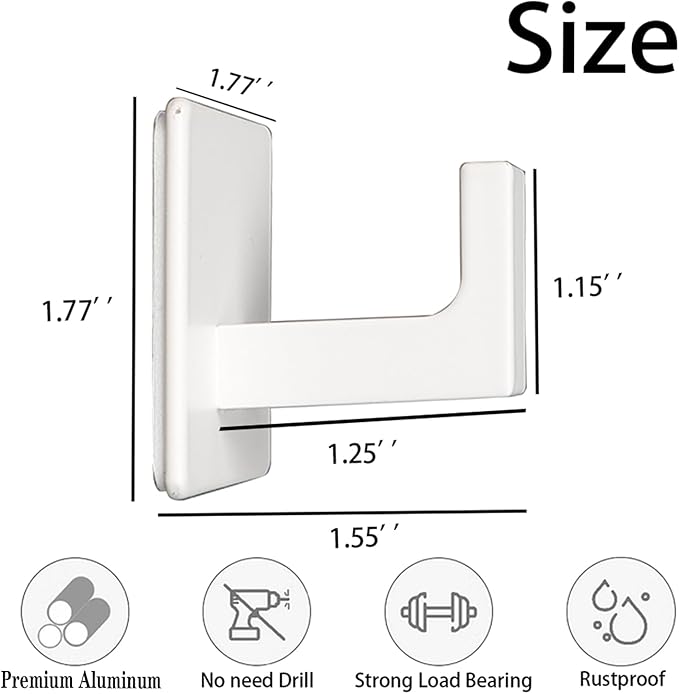 Bath Towel Hooks, 6 Pack Self Adhesive Square Coat Hooks, Sturdy No Drilling Robe Hook, Heavy Duty Aluminum Clothes Hanger, Wall Hooks for Bathroom Bedroom Kitchen (2 in, White)