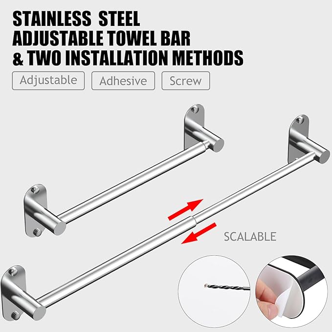 Towel Bar, Adjustable 14.4inch - 25.2inch Towel Rack, Self Adhesive & Wall Mounted for Bathroom Kitchen Hand Towel Holder Cloths Hanger SUS 304 Stainless Steel Single Bar (3, Chrome)