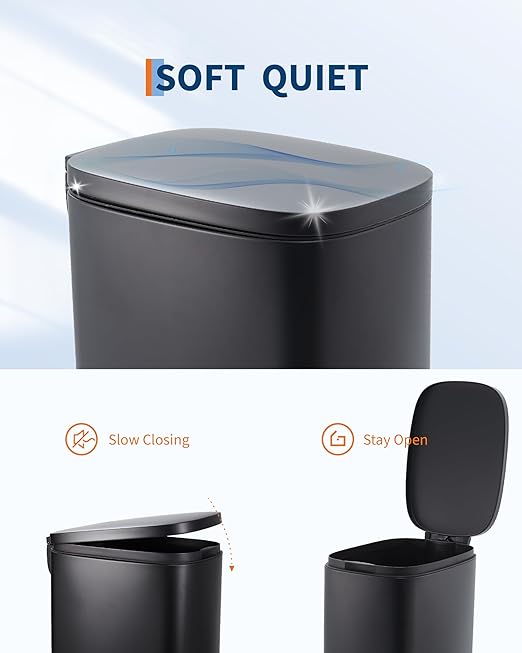 3.2 Gallon / 12 Liter Trash Can Stainless Steel Garbage Can with Removable Inner Bucket for Offices, Hands-Free Kitchen Step Trash Can for Kitchen & Bathroom, Black