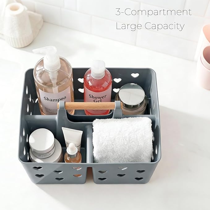 Gray Portable Shower Caddy with Handle, Large Plastic Shower Basket Organizer for College Dorm Room Essentials, Bathroom, Gym, Camping, Non-Slip Drainage Design for Toiletries & Cleaning Supplies