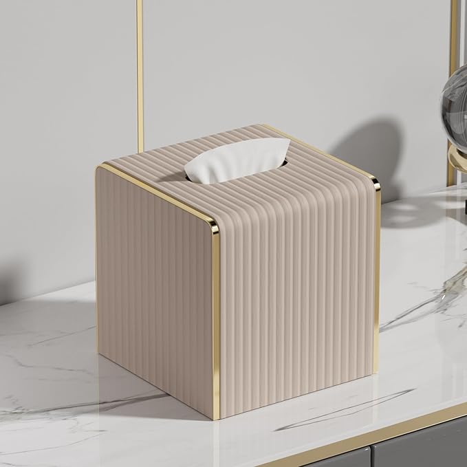Tissue Box Cover,Beige Cube Leather Tissue Box Holders with Gold-Tone Edging Accents,Decorative Tissue Covers for Bathroom Toilet Bedroom Living Room Table Desk Office Car,Decor Aesthetic