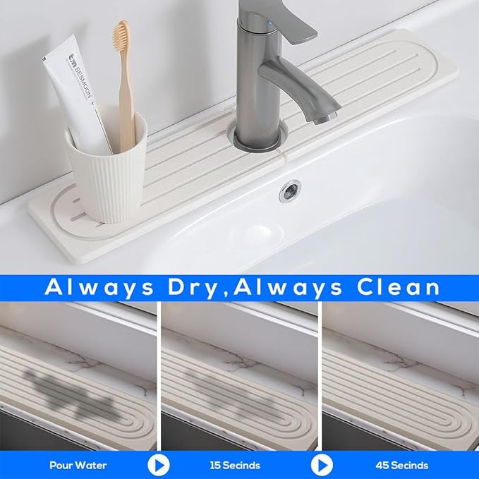 Faucet Mat 19.6 X 3.9 inch Kitchen Bathrooms Sink Faucet Mat White Absorbent Stone Diatomite Sink Splash Guard