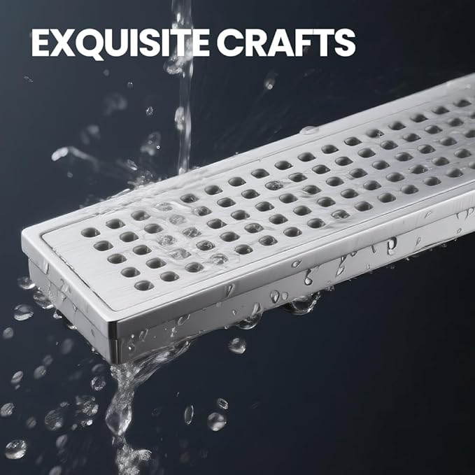 Linear Shower Drain 24 Inch, Brushed AISI 304 Stainless Steel Shower Drain with Square Hole Panel, for Bathroom, Kitchen, Garage & More