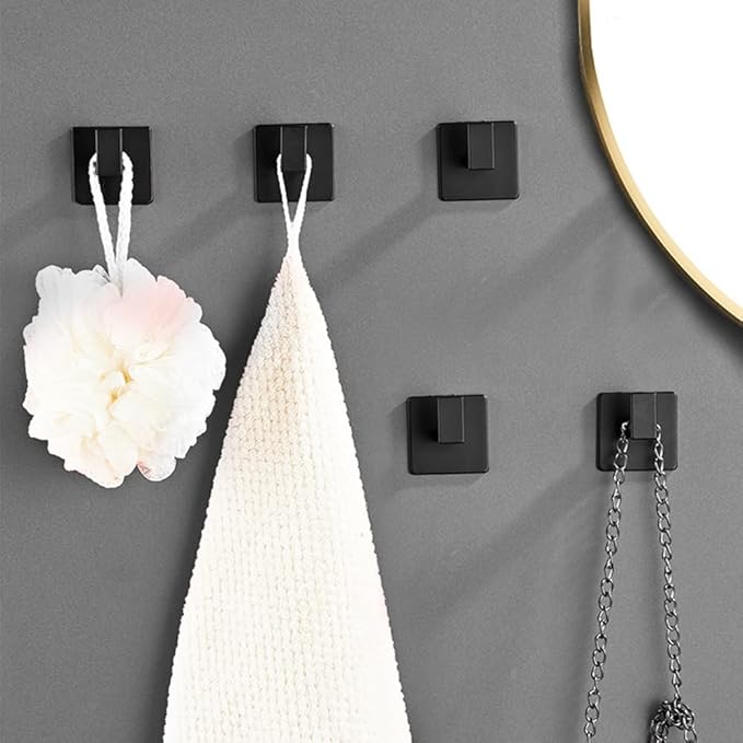 Bath Towel Hook,10 Pack Self Adhesive Square Coat Hooks, Sturdy No Drilling Robe Hook, Heavy Duty Aluminum Clothes Hanger, Wall Hooks for Bathroom Bedroom Kitchen (2 Inch,Black)