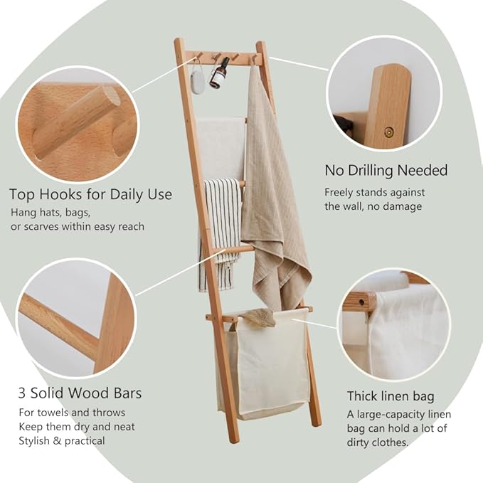 Beech Wood Blanket Ladder, 5.3ft Natural Farmhouse Quilt Holder with Top Hooks, 4-Bar Decorative Throw Rack, Towel Shelf for Living Room, Bedroom, Small Space Storage (Natural Cloth Bag)