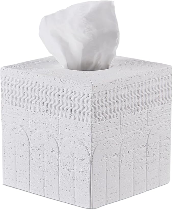 White Tissue Box Cover – Classic Carved Square Resin Tissue Box Holder – Heavy Duty Decorative Home & Bathroom Decor for Countertop, Tabletop, Night Stand, Office