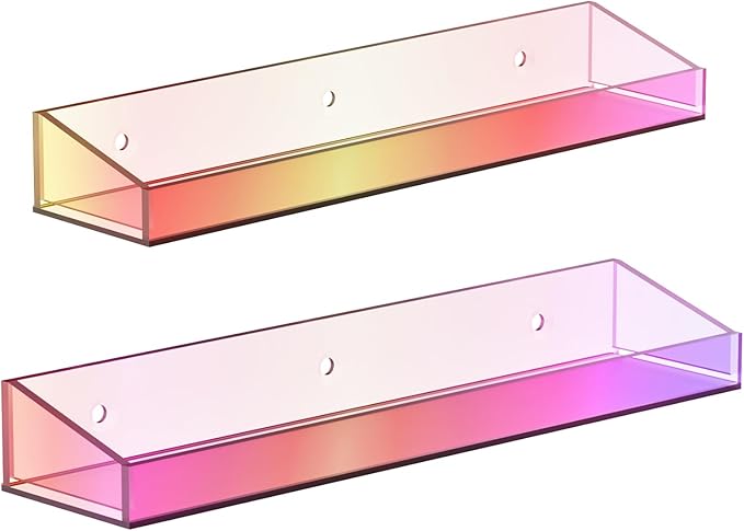 2 Pack Acrylic Shelves for Wall Storage, 15" Floating Shelves, Kids Bookshelf, Nail Polish Holder, Perfume Display Shelf Organizer for Bathroom, Bedroom, Living Room, Iridescent