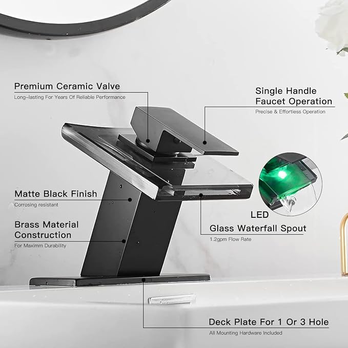 Black Bathroom Sink Faucet LED Light 3 Colors Changing Waterfall Glass Spout Hot and Cold Water Mixer Single Handle One Hole Deck Mounted Bathroom Faucet Lavatory Vanity Basin Mix Tap Commercial