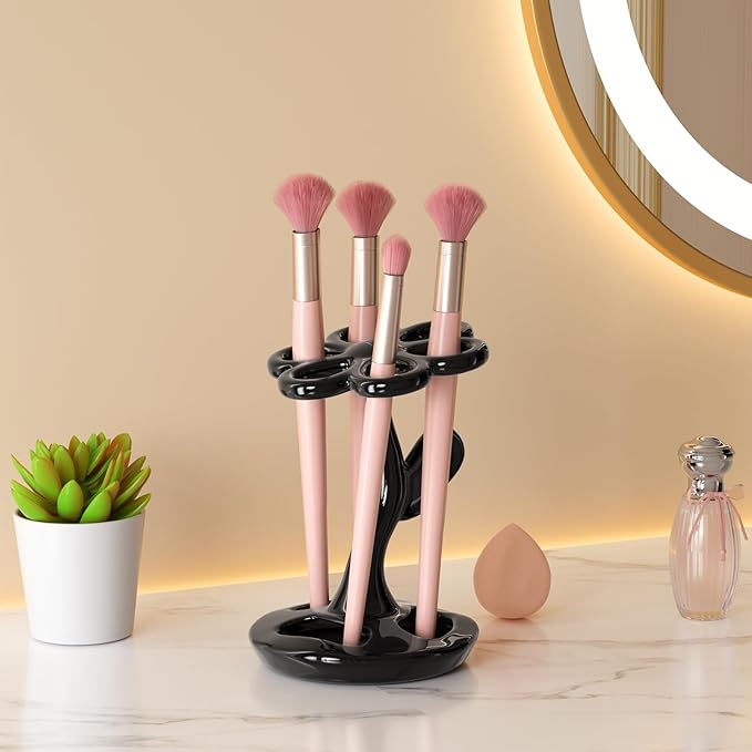 Toothbrush Holder for Bathroom, Flower Shape Ceramic Toothbrush Organiser, Holds 6 Standard Brushes (It's Black)
