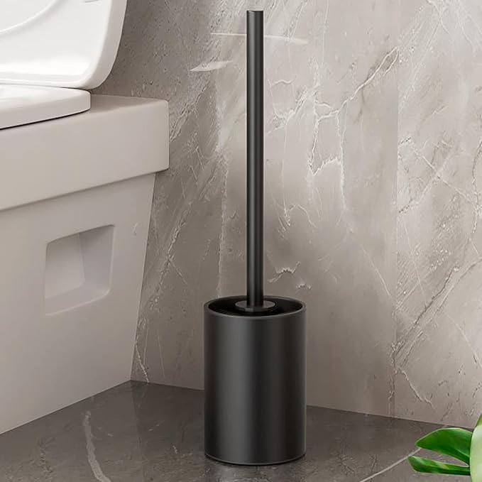 Toilet Brush and Holder, Compact Size Toilet Bowl Brush with Stainless Steel Handle, Plastic Holder Easy to Hide, Space Saving, Drip-Proof, Long Handle Bristles for Bathroom Cleaning (Black)