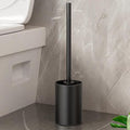 Toilet Brush and Holder, Compact Size Toilet Bowl Brush with Stainless Steel Handle, Plastic Holder Easy to Hide, Space Saving, Drip-Proof, Long Handle Bristles for Bathroom Cleaning (Black)