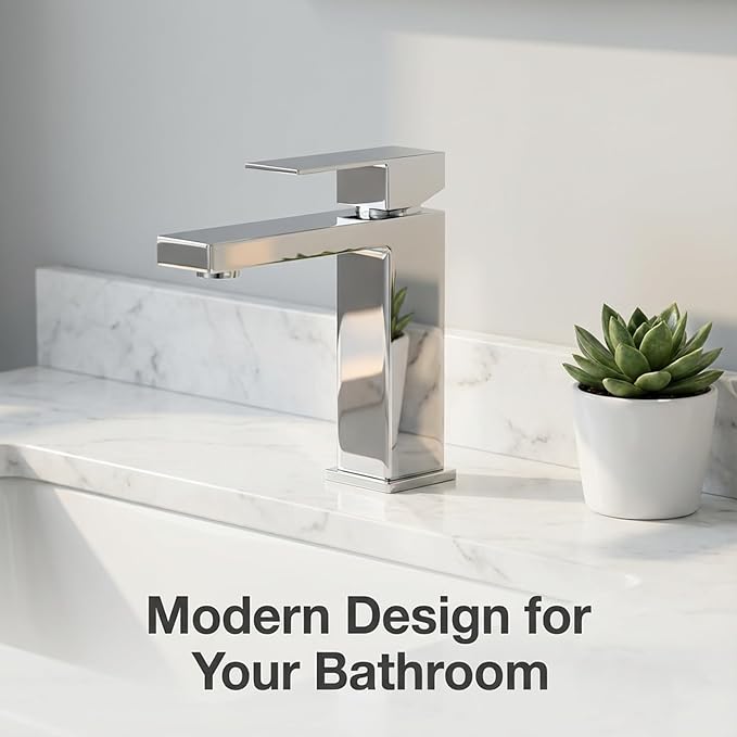 Chrome Bathroom Faucet, Single Hole Vanity Bath Faucet, Single Handle Modern Stainless Steel Bathroom Faucets for Sink 1 Hole with Pop Up Drain Stopper & Water Supply Hoses