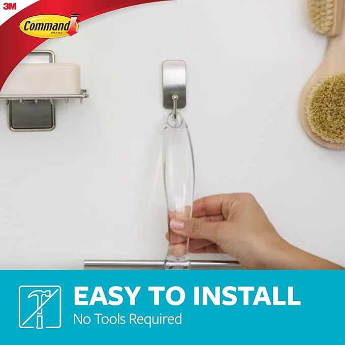 Command Bath Squeegee and Hook [Removable]: Stainless Steel and Satin Nickel (Silver) [2-pack]
