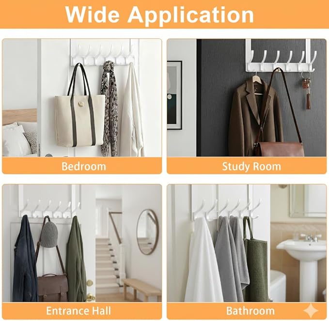 2 Pack Large Over The Door Hooks, Sturdy Door Hanger with 12 Hooks, Door Towel Rack for Bathroom, Bedroom, Kitchen, Coat Rack for Hanging, Easy to Install (White)