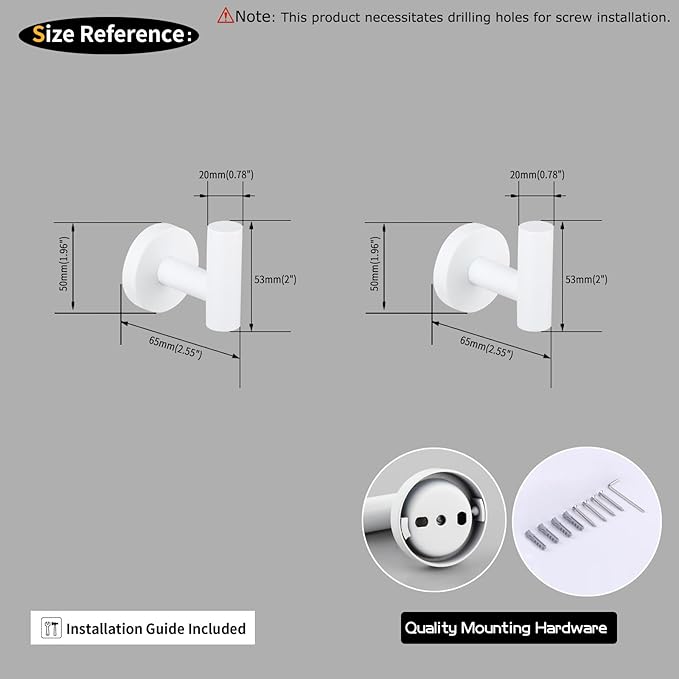 GERZWY Towel Hook Stainless Steel Robe Coat Hook Wall Mounted Luxury Hooks for Bathroom Hotel 2 Pack, White