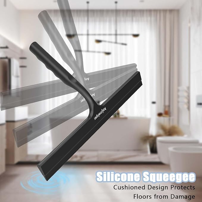 Household Squeegee for Shower Glass Doors, Silicone Shower Squeegee with Adhesive Hook, Bathroom Squeegee for Shower, Window Cleaner Tool for Glass Door, Kitchen, Tile Wall(10 inch-Black)