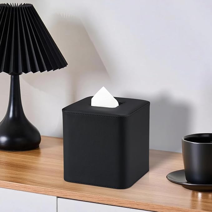 GORESE Leather Tissue Box Cover Square Tissue Box Holder for Kleenexs, Tissue Cover for Cube Box Tissues, Kleenexs Box Holder for Bedroom, Living Room, Bathroom, Black