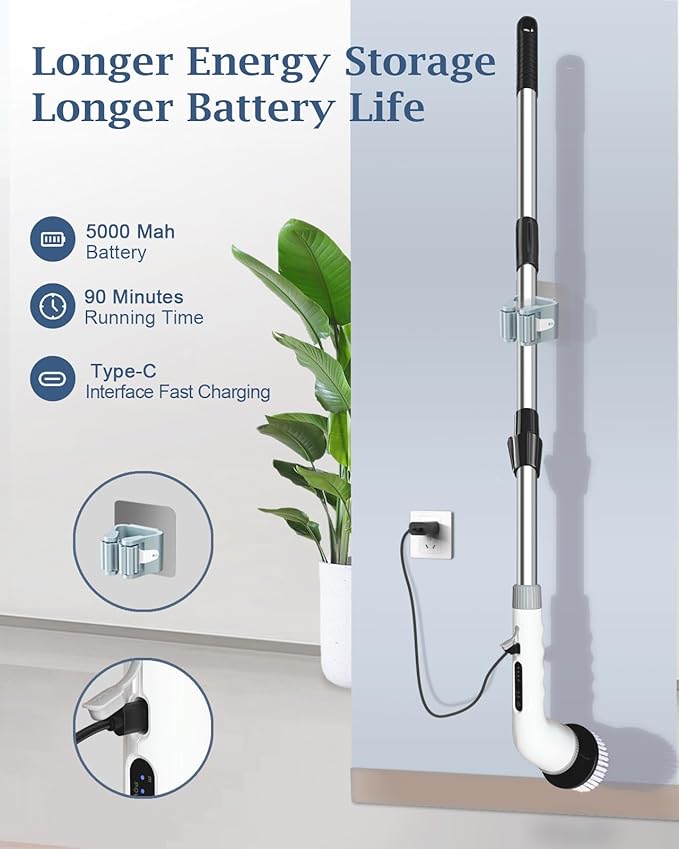 Electric Spin Scrubber, Shower Scrubber Cordless Cleaning Brush with 8 Replaceable Brush Heads and Squeegee，Adjustable Extension Handle 2 Speeds Electric Cleaning Brush for Bathroom, Tub, Tile，Kitchen